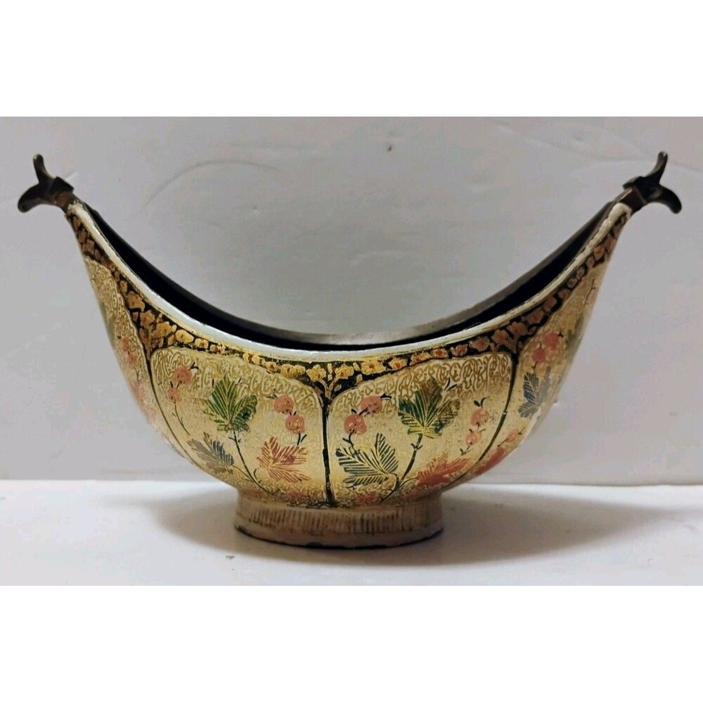Vtg Kashmiri Kashkul Beggars Bowl Brass Hand Painted Lacquer Teardrop Shape 4"